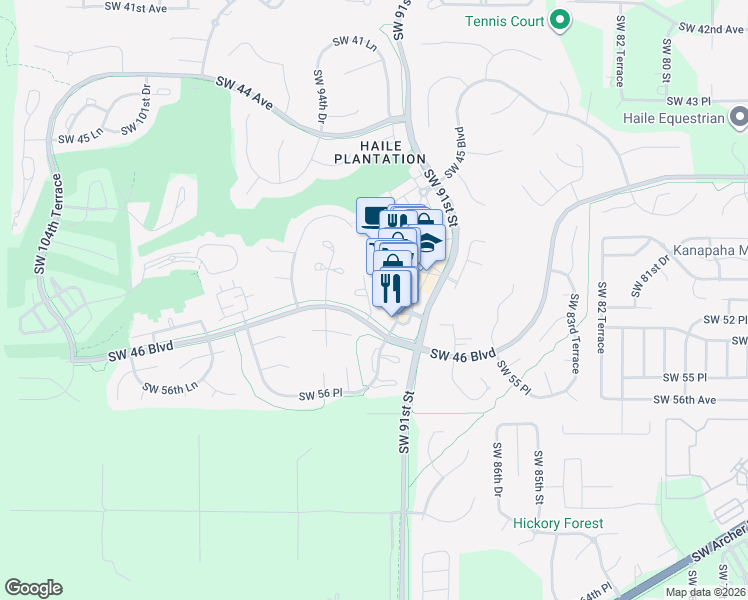map of restaurants, bars, coffee shops, grocery stores, and more near 5217 Southwest 92nd Court in Gainesville
