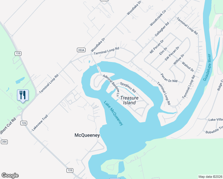 map of restaurants, bars, coffee shops, grocery stores, and more near 111 Palm Key Street in McQueeney