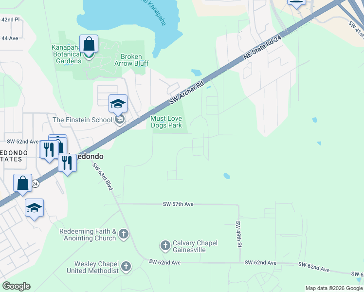 map of restaurants, bars, coffee shops, grocery stores, and more near 5319 Southwest 51st Avenue in Gainesville