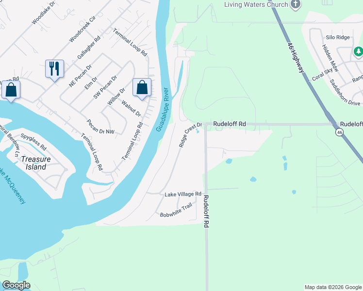 map of restaurants, bars, coffee shops, grocery stores, and more near 325 Ridge Crest Drive in Seguin