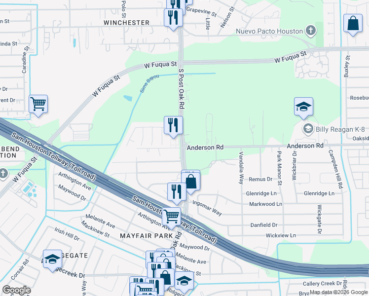 map of restaurants, bars, coffee shops, grocery stores, and more near Anderson Rd & S Post Oak Rd in Houston