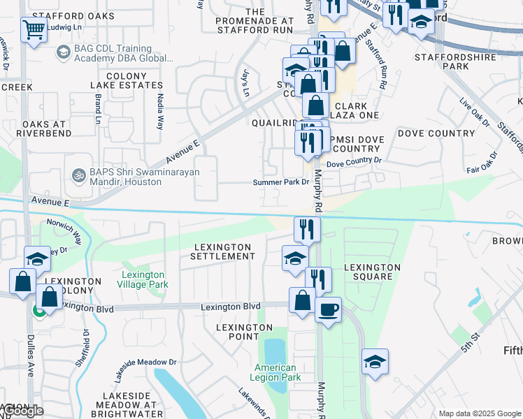 map of restaurants, bars, coffee shops, grocery stores, and more near 753 Summer Park Drive in Stafford