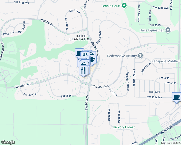 map of restaurants, bars, coffee shops, grocery stores, and more near 5217 Southwest 91st Drive in Gainesville