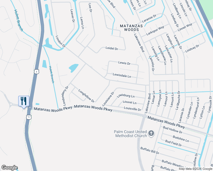 map of restaurants, bars, coffee shops, grocery stores, and more near 51 Longfellow Drive in Palm Coast