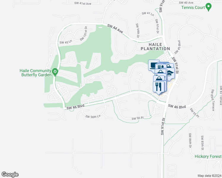 map of restaurants, bars, coffee shops, grocery stores, and more near 9759 Southwest 52nd Road in Gainesville