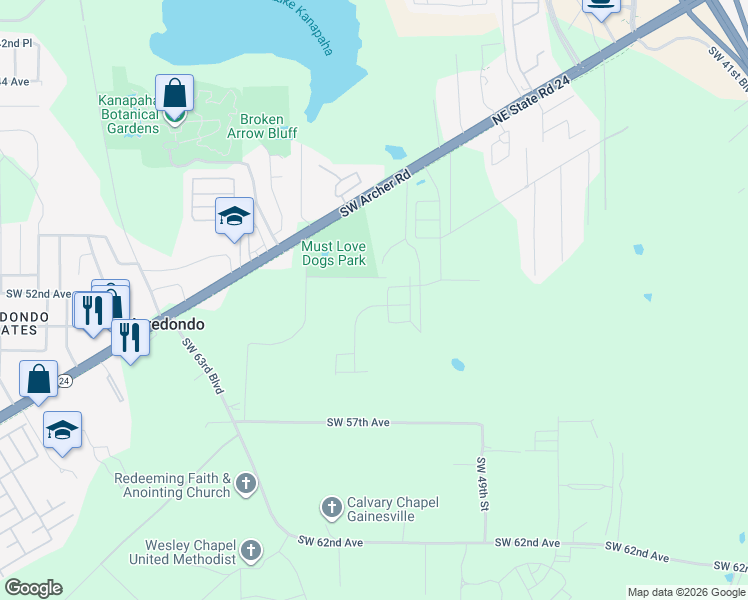 map of restaurants, bars, coffee shops, grocery stores, and more near 5319 Southwest 51st Avenue in Gainesville