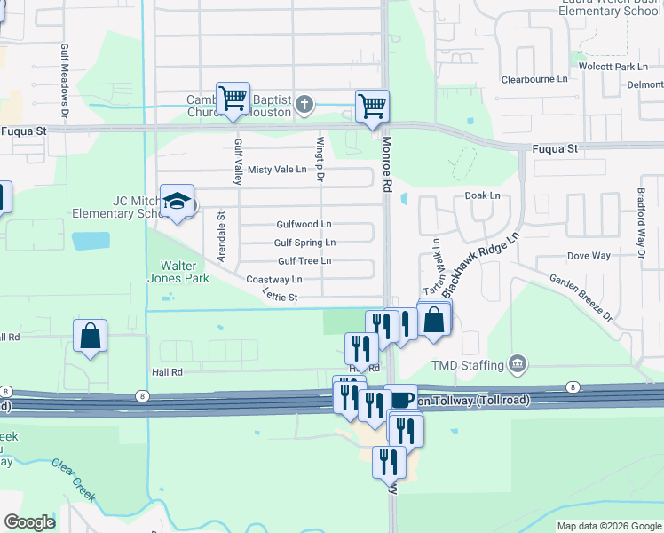 map of restaurants, bars, coffee shops, grocery stores, and more near 8403 Coastway Lane in Houston