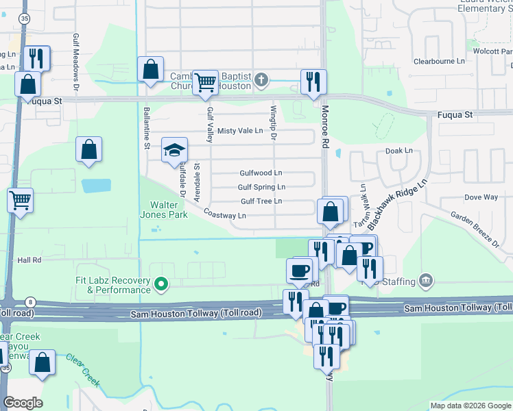 map of restaurants, bars, coffee shops, grocery stores, and more near 8311 Coastway Lane in Houston