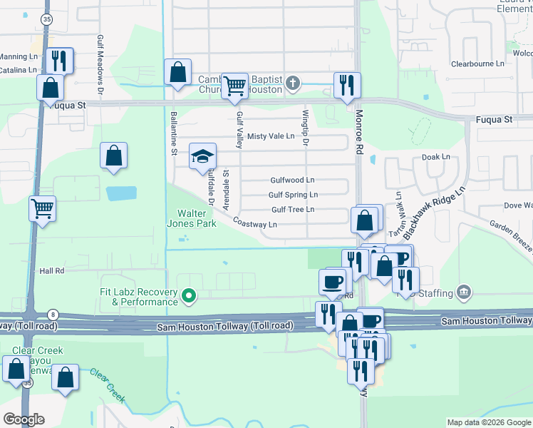 map of restaurants, bars, coffee shops, grocery stores, and more near 8223 Coastway Lane in Houston