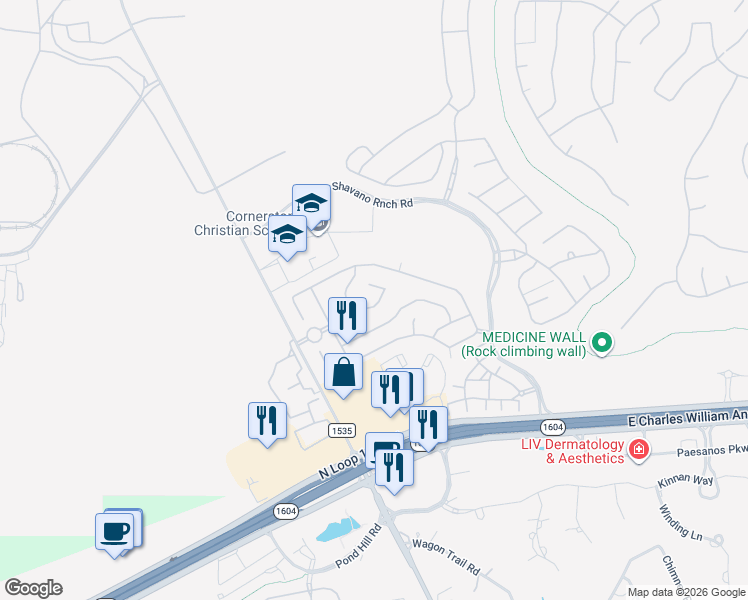 map of restaurants, bars, coffee shops, grocery stores, and more near 17930 Via del Arbol in San Antonio