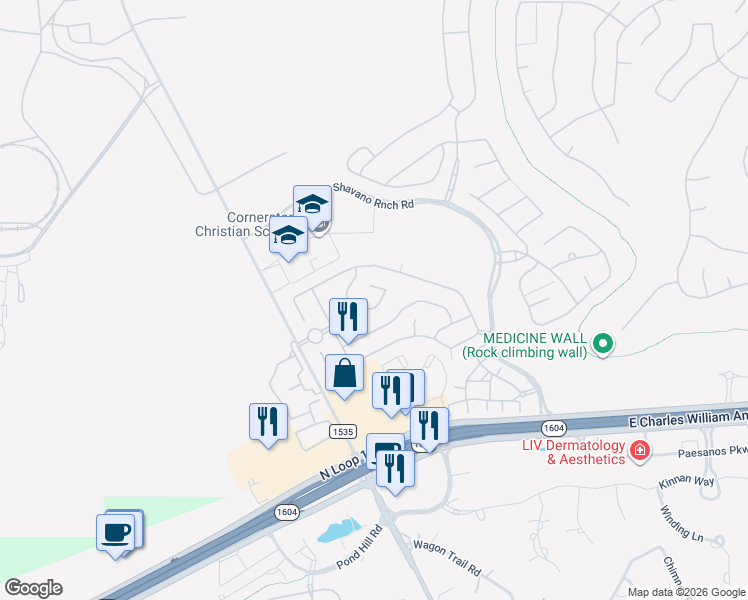 map of restaurants, bars, coffee shops, grocery stores, and more near 17930 Via del Arbol in San Antonio