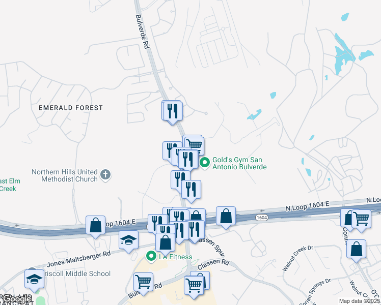 map of restaurants, bars, coffee shops, grocery stores, and more near 18054 Bulverde Road in San Antonio