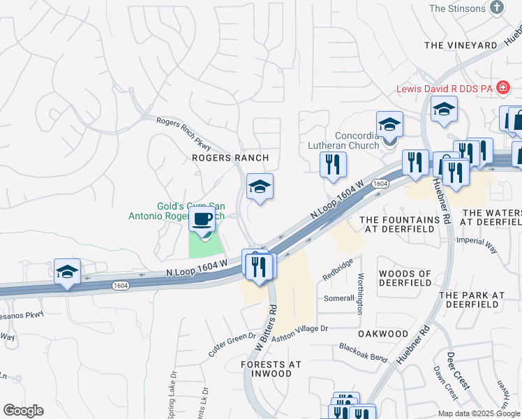 map of restaurants, bars, coffee shops, grocery stores, and more near 17722 Rogers Ranch in San Antonio