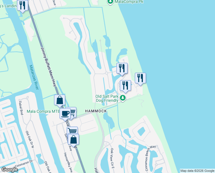 map of restaurants, bars, coffee shops, grocery stores, and more near 7 Northshore Drive in Palm Coast
