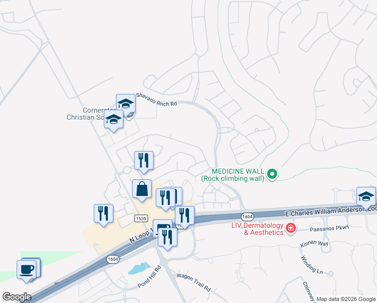 map of restaurants, bars, coffee shops, grocery stores, and more near 18015 Camino del Mar in San Antonio