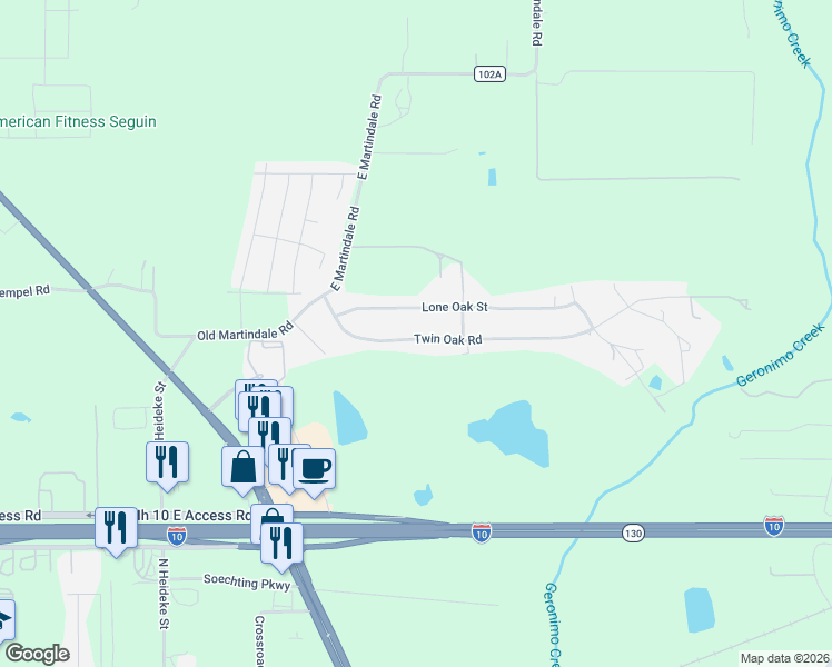 map of restaurants, bars, coffee shops, grocery stores, and more near 143 Twin Oak Road in Seguin