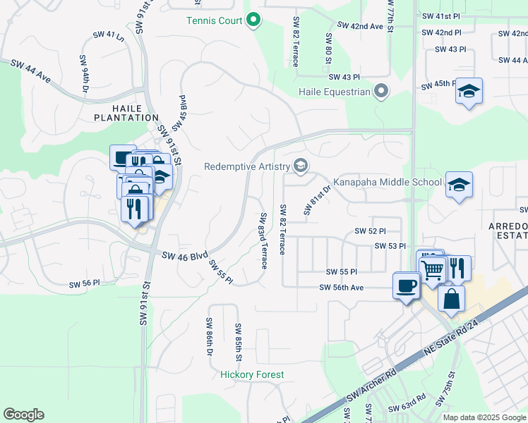 map of restaurants, bars, coffee shops, grocery stores, and more near 8028 Southwest 83 Terrace in Gainesville