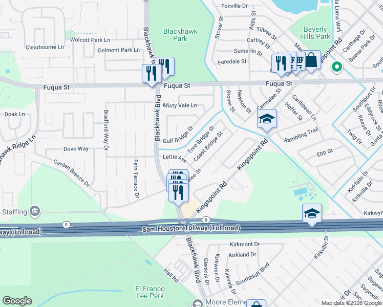 map of restaurants, bars, coffee shops, grocery stores, and more near 9451 Coast Bridge Street in Houston