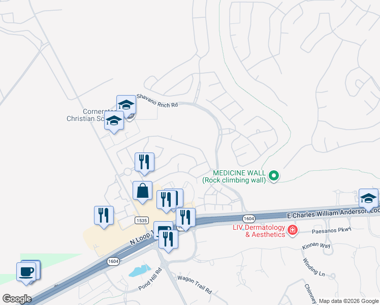 map of restaurants, bars, coffee shops, grocery stores, and more near 18015 Camino del Mar in San Antonio