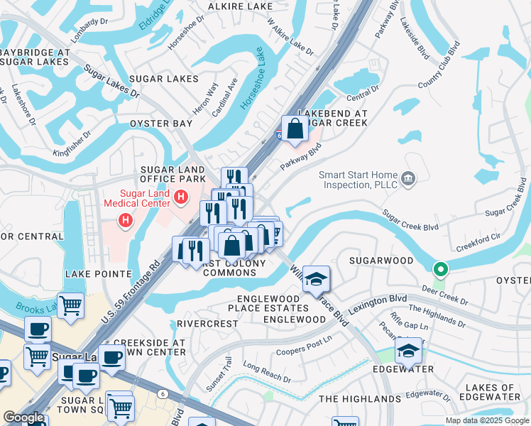 map of restaurants, bars, coffee shops, grocery stores, and more near 1543 Locke Lane in Sugar Land