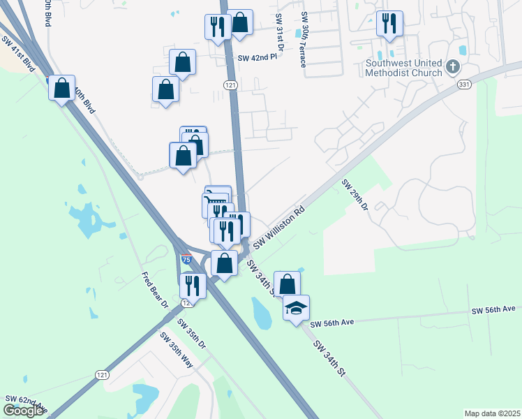 map of restaurants, bars, coffee shops, grocery stores, and more near 3300 Southwest Williston Road in Gainesville