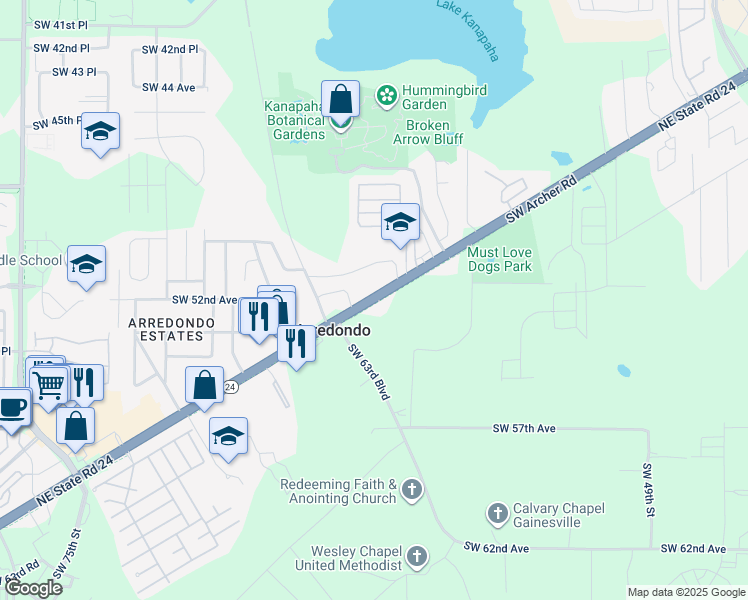 map of restaurants, bars, coffee shops, grocery stores, and more near 5553 Northeast State Road 24 in Gainesville