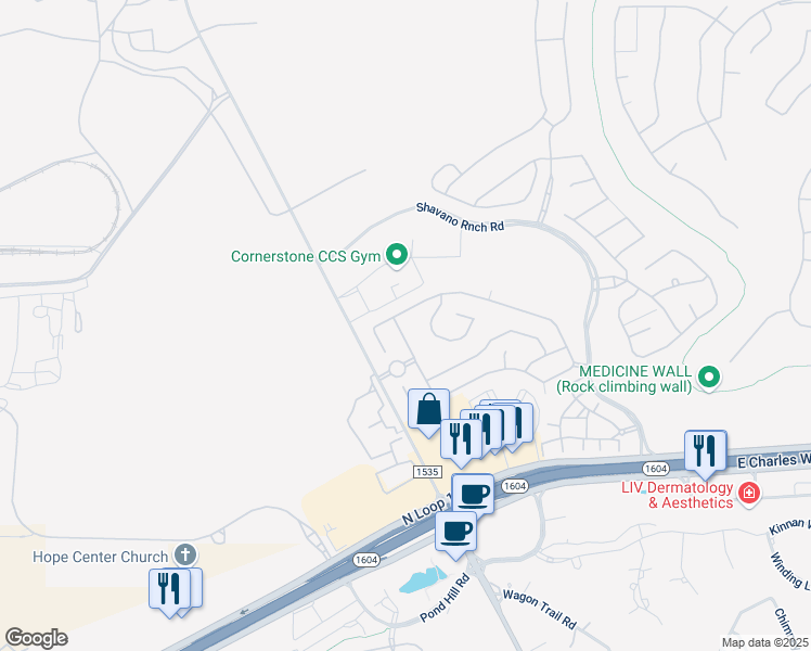 map of restaurants, bars, coffee shops, grocery stores, and more near 17910 Camino Grande in San Antonio