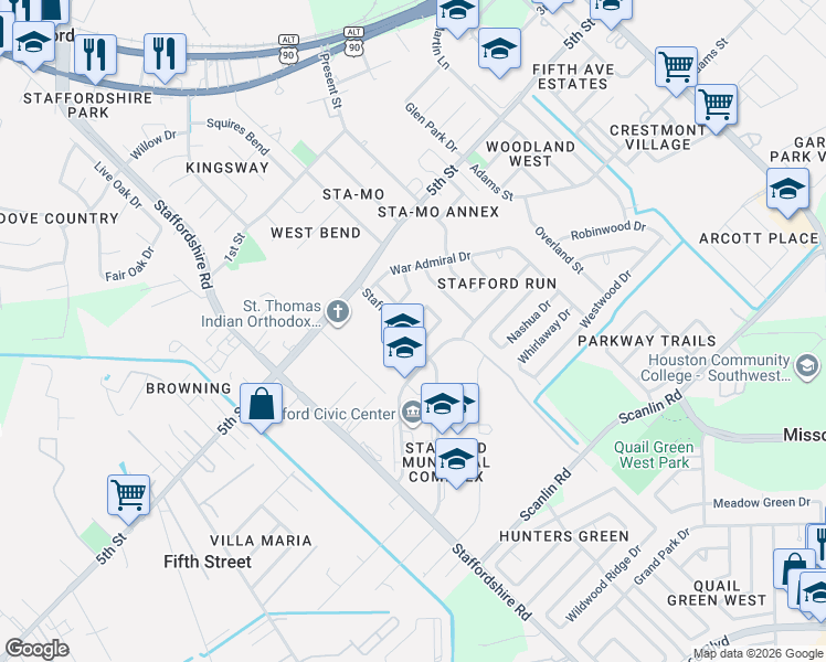 map of restaurants, bars, coffee shops, grocery stores, and more near 602 Beverly Circle in Stafford