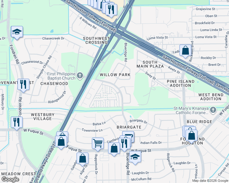 map of restaurants, bars, coffee shops, grocery stores, and more near 7057 Chasewood Drive in Missouri City