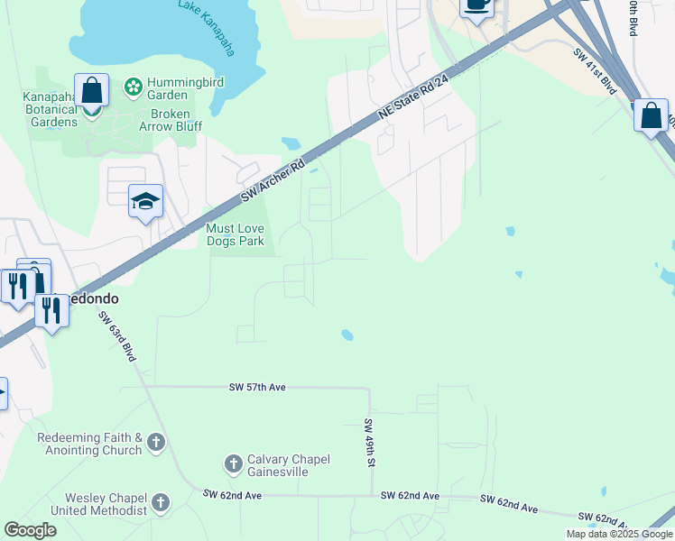 map of restaurants, bars, coffee shops, grocery stores, and more near 5109 Southwest 52nd Terrace in Gainesville