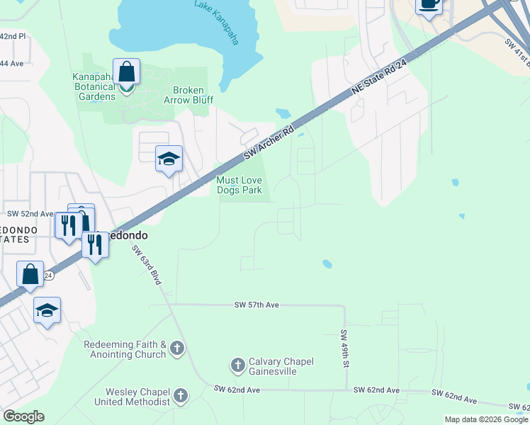 map of restaurants, bars, coffee shops, grocery stores, and more near 5319 Southwest 51 Avenue in Gainesville