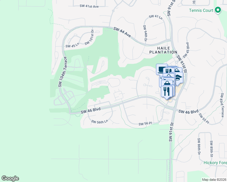 map of restaurants, bars, coffee shops, grocery stores, and more near 5252 Southwest 97 Way in Gainesville