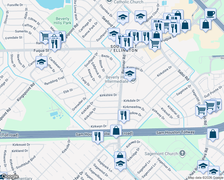 map of restaurants, bars, coffee shops, grocery stores, and more near 11150 Beamer Road in Houston