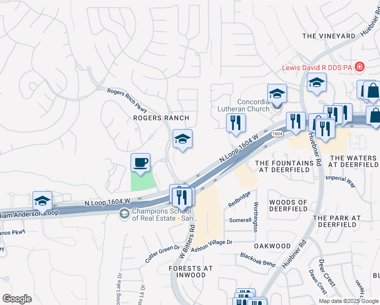 map of restaurants, bars, coffee shops, grocery stores, and more near 17722 Rogers Ranch in San Antonio