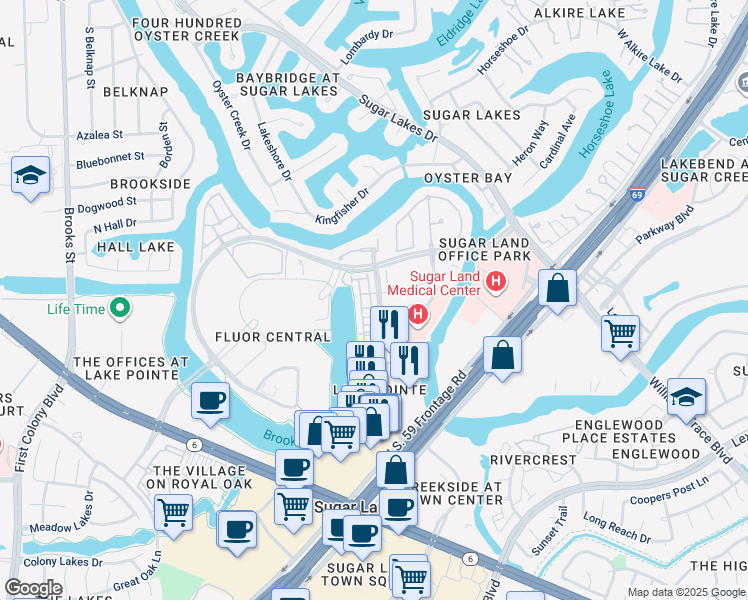 map of restaurants, bars, coffee shops, grocery stores, and more near 1326 Lake Pointe Parkway in Sugar Land