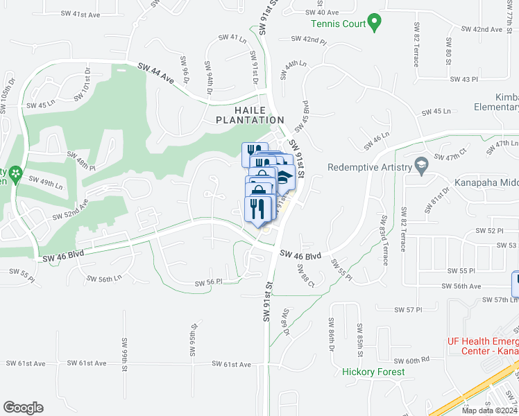 map of restaurants, bars, coffee shops, grocery stores, and more near 5210 Southwest 91 Terrace in Gainesville