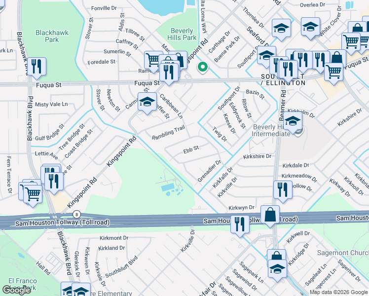 map of restaurants, bars, coffee shops, grocery stores, and more near 9714 Ebb Street in Houston