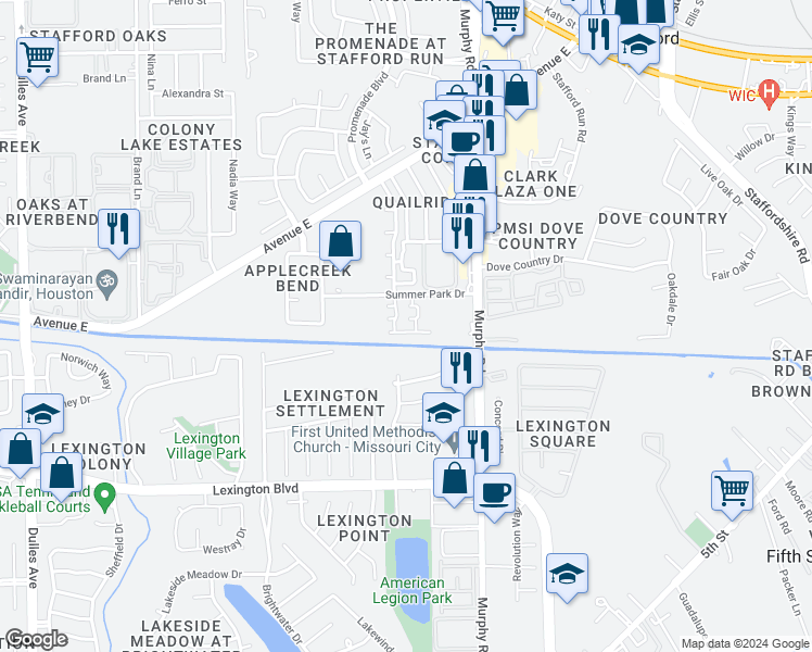 map of restaurants, bars, coffee shops, grocery stores, and more near 753 Summer Park Drive in Stafford