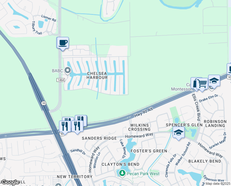 map of restaurants, bars, coffee shops, grocery stores, and more near 5327 Auckland Drive in Sugar Land