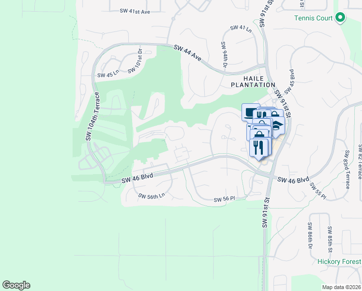 map of restaurants, bars, coffee shops, grocery stores, and more near 9754 Southwest 52nd Road in Gainesville