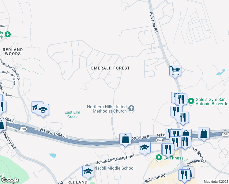 map of restaurants, bars, coffee shops, grocery stores, and more near Emerald Forest Drive in San Antonio