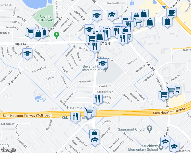 map of restaurants, bars, coffee shops, grocery stores, and more near 11116 Beamer Road in Houston