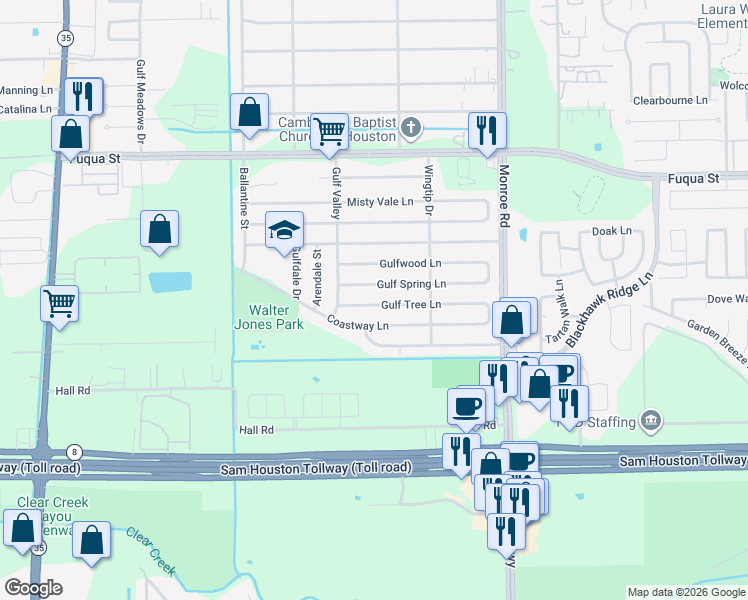 map of restaurants, bars, coffee shops, grocery stores, and more near 8219 Gulf Spring Lane in Houston