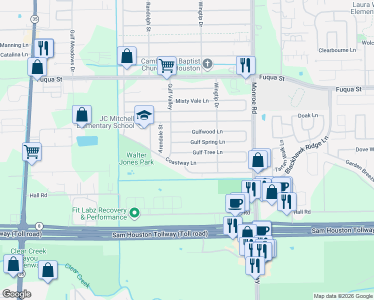 map of restaurants, bars, coffee shops, grocery stores, and more near 8219 Gulf Spring Lane in Houston