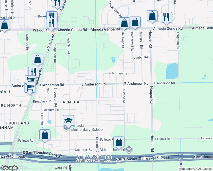 map of restaurants, bars, coffee shops, grocery stores, and more near 13719 Milan Drive in Houston