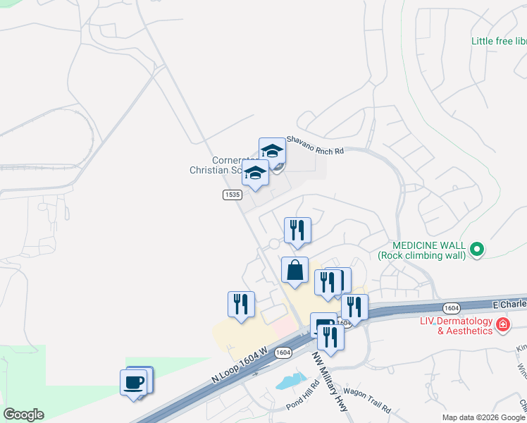 map of restaurants, bars, coffee shops, grocery stores, and more near 17702 Northwest Military Highway in San Antonio