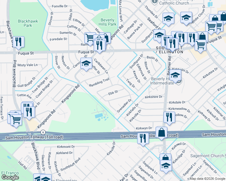 map of restaurants, bars, coffee shops, grocery stores, and more near 9751 Southport Drive in Houston