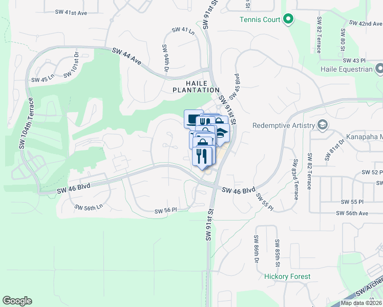 map of restaurants, bars, coffee shops, grocery stores, and more near 5121 Southwest 92nd Court in Gainesville