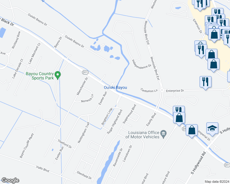 map of restaurants, bars, coffee shops, grocery stores, and more near 4289 Little Bayou Black Drive in Houma