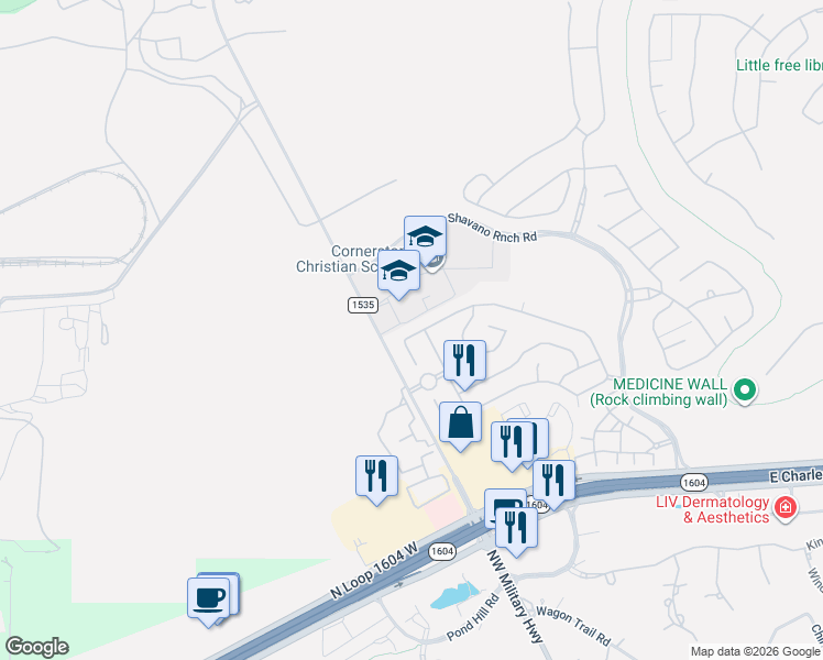 map of restaurants, bars, coffee shops, grocery stores, and more near 17702 Northwest Military Highway in San Antonio